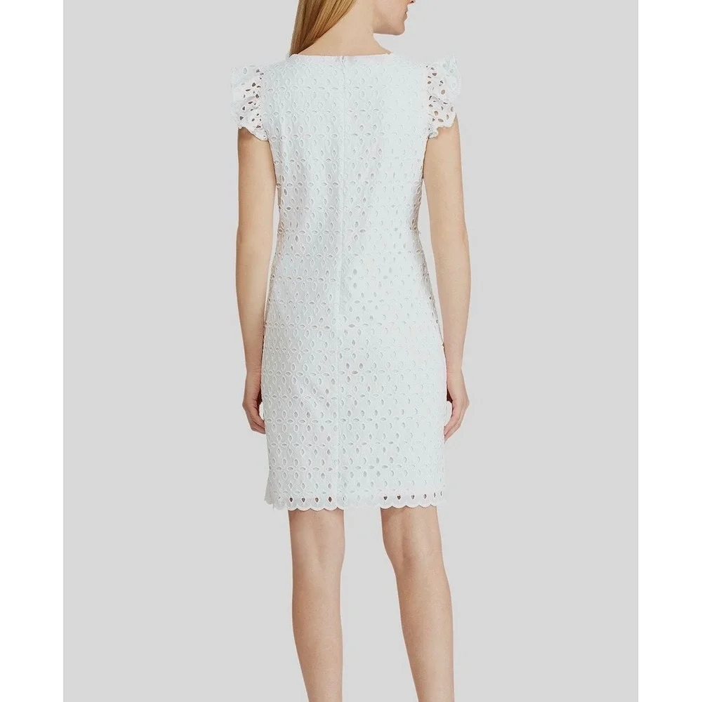 American Living White Eyelet Dress Women's Size 12 Ruffle Cap Sleeve Shift - Picture 3 of 15